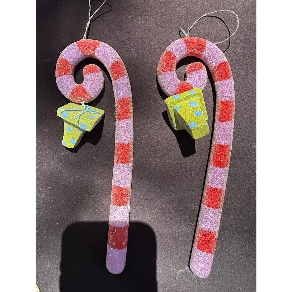 2 Vtg Dept 56 Whimsical Sugared Candy Cane Christmas Ornaments Frosted -K1